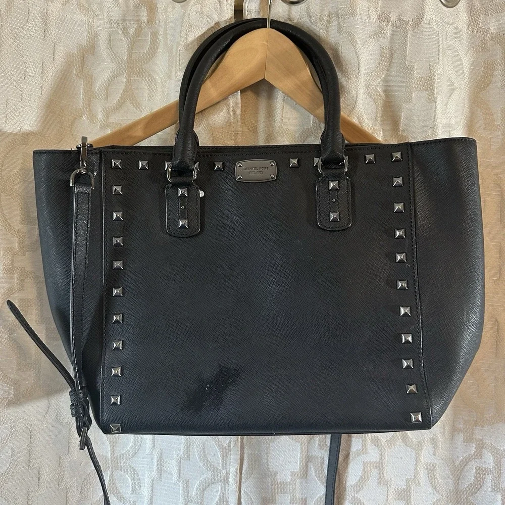 Michael Kors Black Saffiano Leather Studded Satchel Bag Handbag Purse